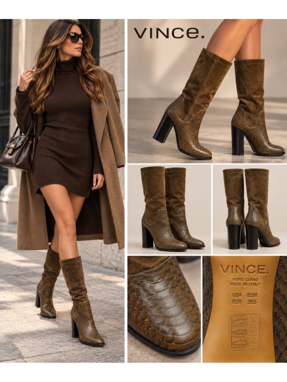VINCE Brown Suede Textured Leather Tall Boots Block Heel Italy 8.5M EU 38.5